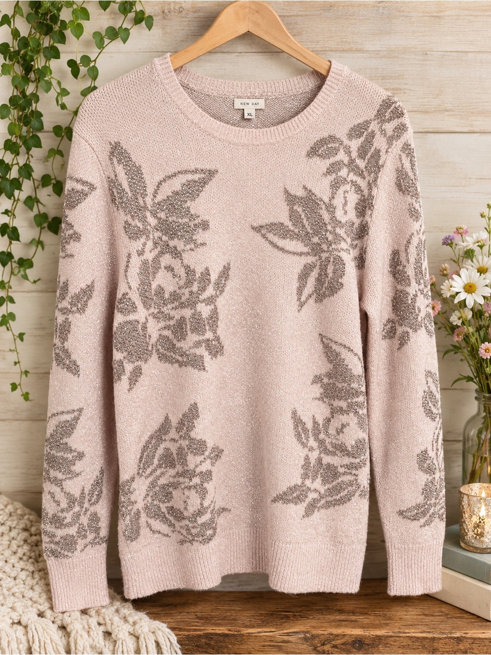 a new day Metallic Pink and Gray Floral Sweater XL